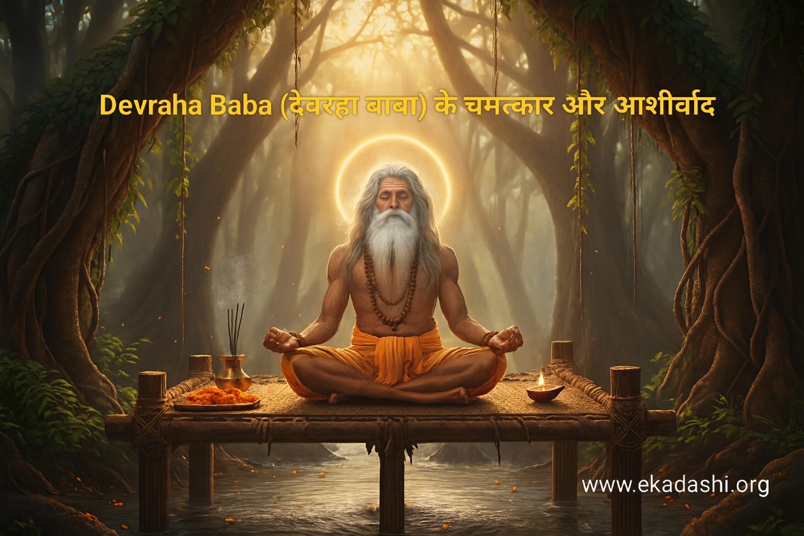 Devaraha Baba, the mysterious saint of India, sitting in a meditative pose on a wooden Machan (platform) near the Yamuna river, surrounded by a spiritual forest atmosphere.