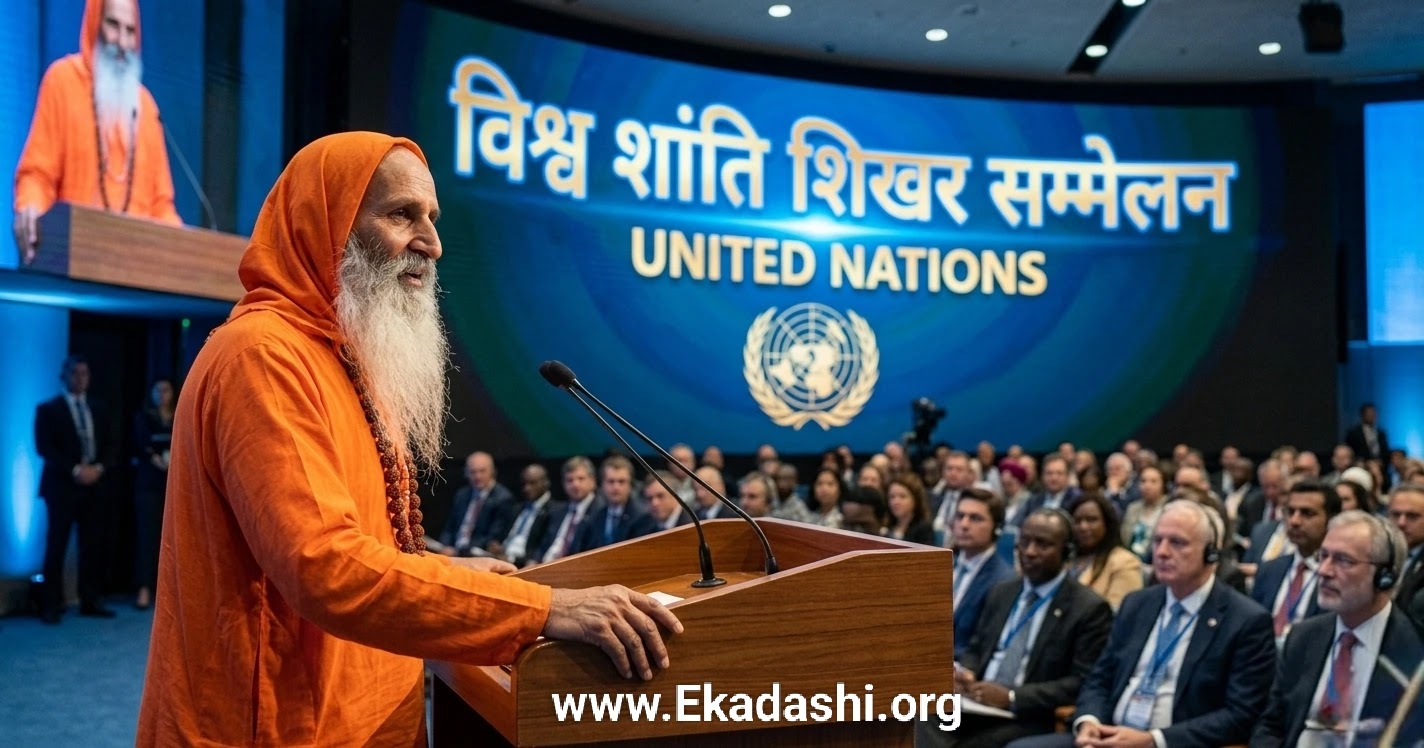 Swami Parmanand Giri Ji Maharaj addressing the United Nations World Peace Summit. स्वामी परमानंद जी महाराज सन 2000 में संयुक्त राष्ट्र (UN) के विश्व शांति शिखर सम्मेलन को संबोधित करते हुए।