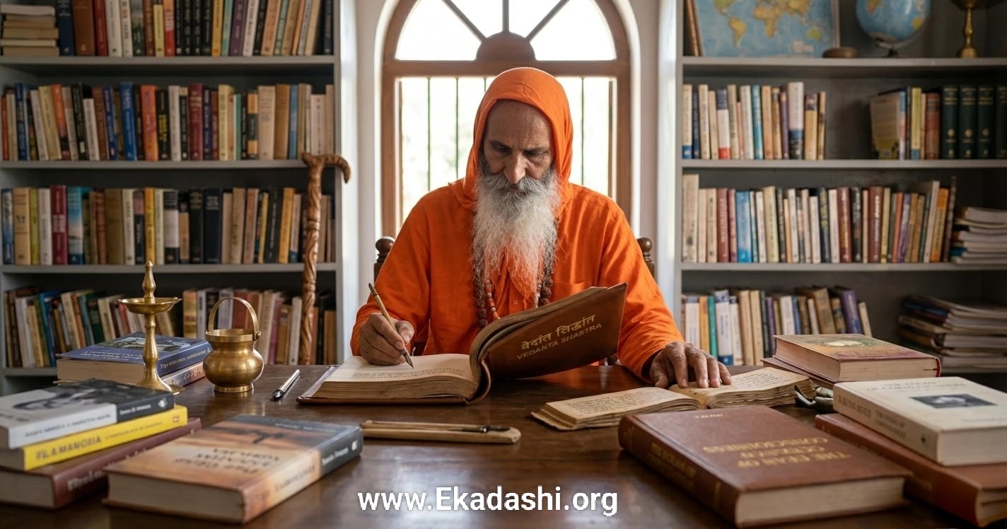 Prolific Author Swami Parmanand Giri Ji - Scholar of Vedanta and Ancient Scriptures. स्वामी परमानंद गिरि जी महाराज अपने आश्रम की लाइब्रेरी में वेदांत शास्त्रों और पुस्तकों का अध्ययन करते हुए।