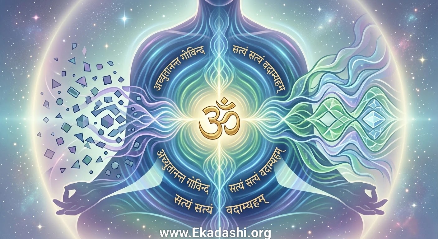 An artistic representation of the Om symbol emitting sound waves that transform cellular chaos into geometric harmony.