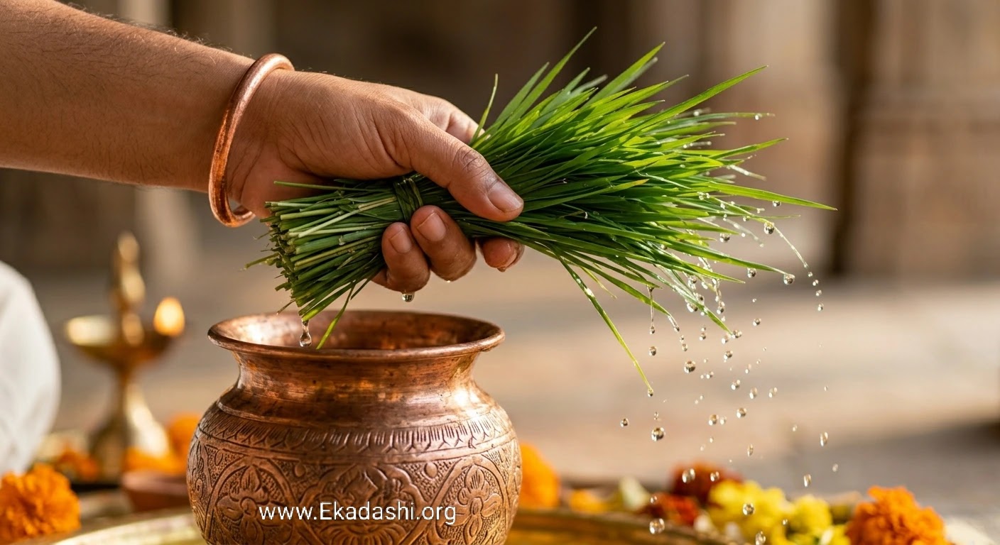 Macro shot of a hand sprinkling holy water using sacred Kusha grass during the Apamarjana Stotram ritual.