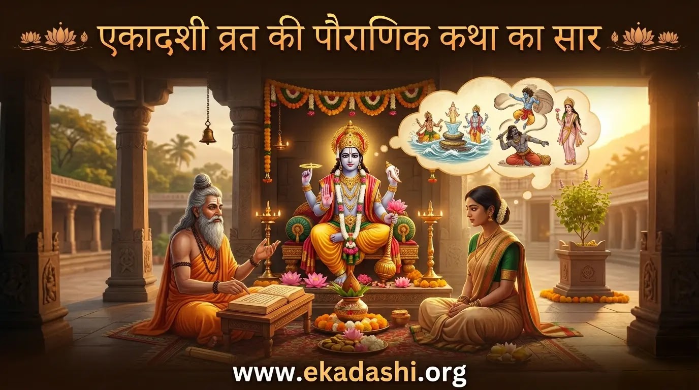 A sage narrating the Ekadashi Vrat Katha to a devotee with a thought bubble showing mythological scenes.