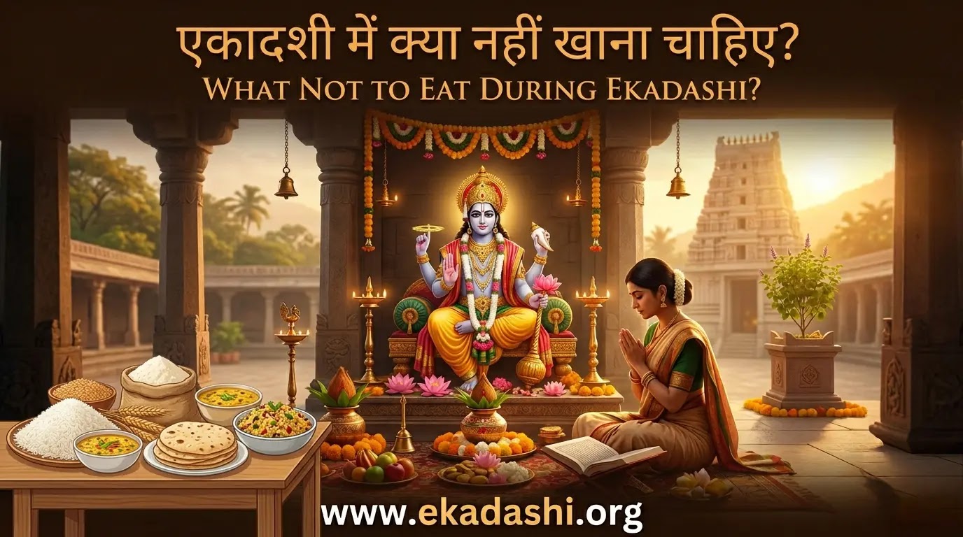 Illustration of Lord Vishnu and prohibited foods like rice and grains during Ekadashi fasting.