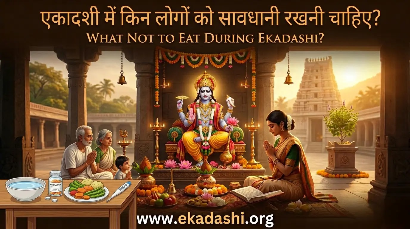 An elderly couple and a child alongside medicine and healthy food, highlighting who should take precautions during Ekadashi.
