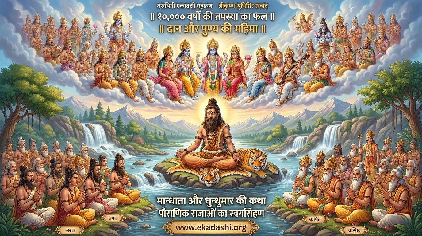 राजा मान्धाता द्वारा वरुथिनी एकादशी व्रत और १०,००० वर्षों की तपस्या के फल का दृश्य।