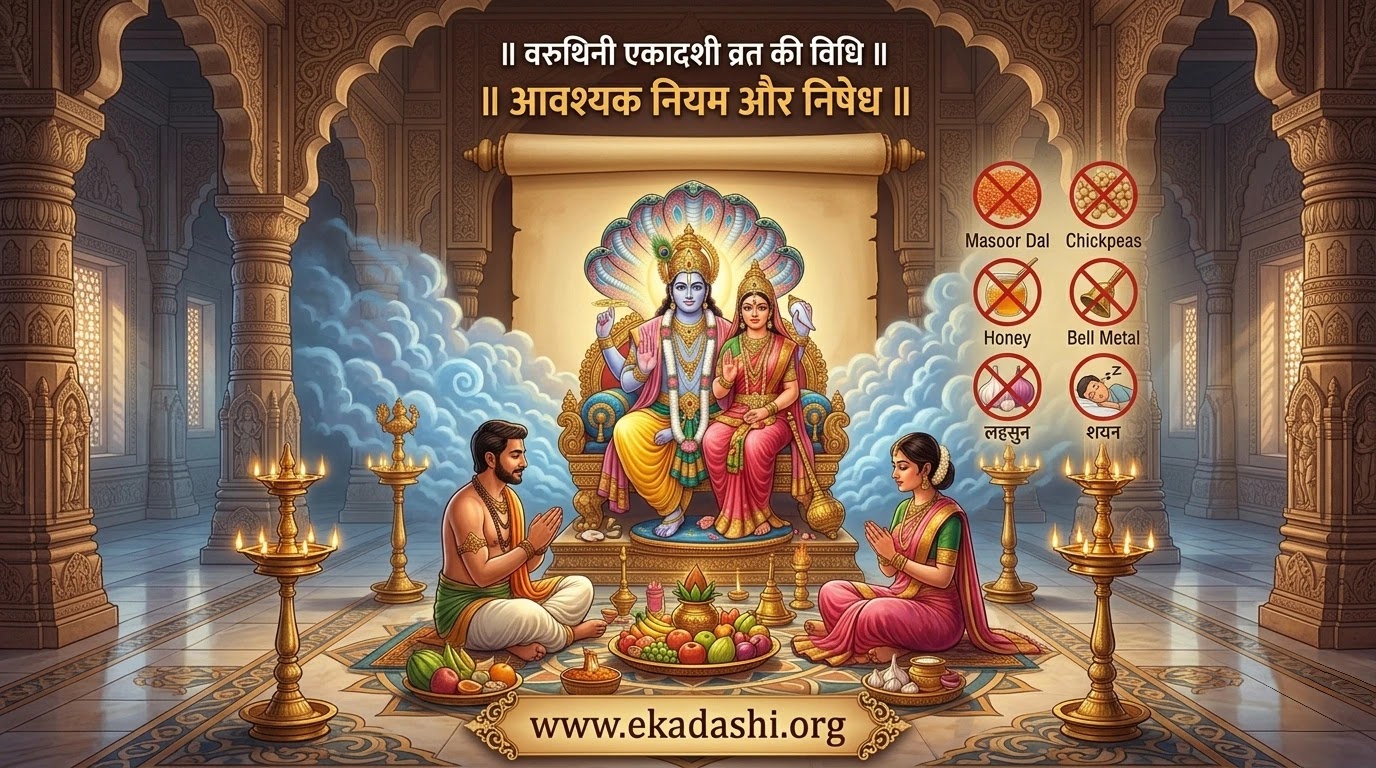 वरुथिनी एकादशी व्रत के नियम और निषेध वस्तुओं जैसे शहद और मसूर दाल की सूची।