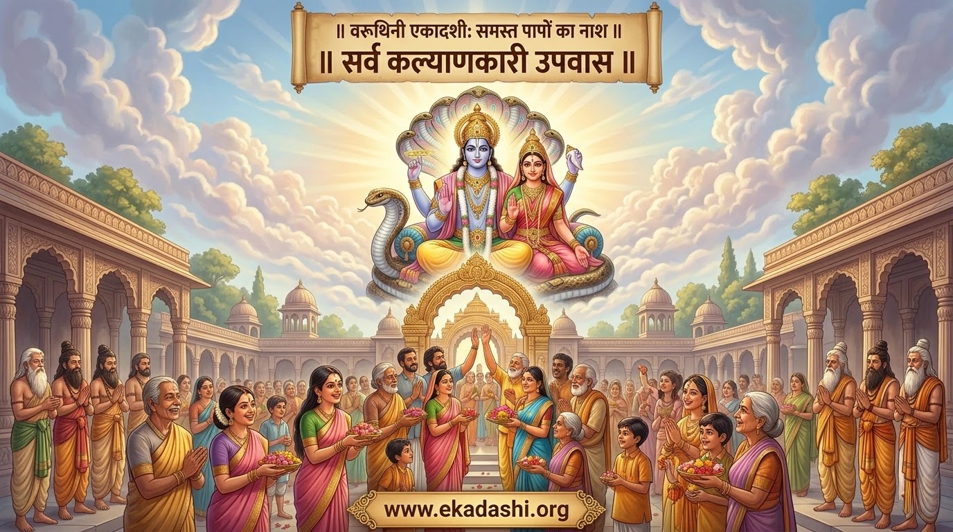 वरुथिनी एकादशी व्रत के प्रभाव से भक्तों को मिलने वाले सर्व कल्याणकारी आशीर्वाद का चित्रण।