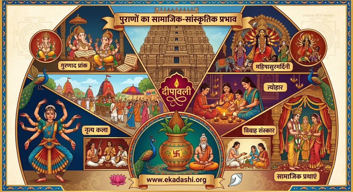 पुराणों का सामाजिक और सांस्कृतिक प्रभाव भारतीय संस्कृति पर पुराणों का प्रभाव दर्शाने वाला कोलाज जिसमें दीपावली, नृत्य कला और मंदिर वास्तुकला शामिल है।