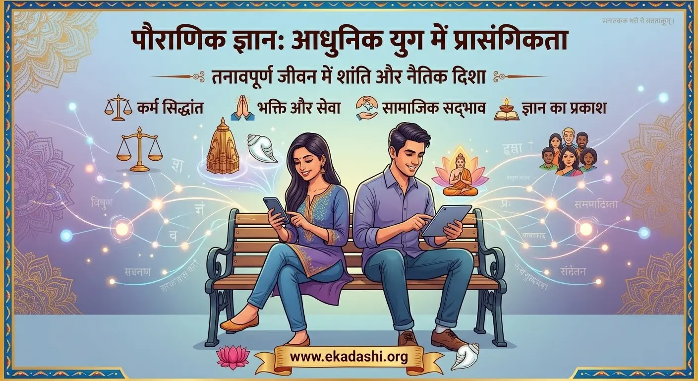 आधुनिक जीवन में पौराणिक ज्ञान का महत्व आधुनिक युग में पौराणिक ज्ञान की प्रासंगिकता: तनावपूर्ण जीवन में शांति और नैतिक दिशा के लिए डिजिटल इन्फोग्राफिक।