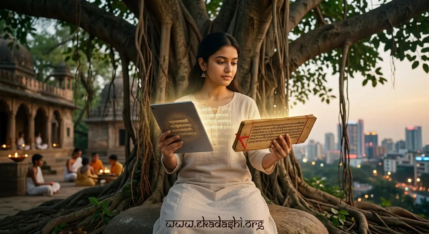 आधुनिक जीवन में वेदों की प्रासंगिकता और डिजिटल माध्यम से वैदिक शिक्षा एक साधक हाथ में प्राचीन पांडुलिपि और डिजिटल टैबलेट लिए हुए, वेदों के ज्ञान को दर्शाता हुआ - ekadashi.org