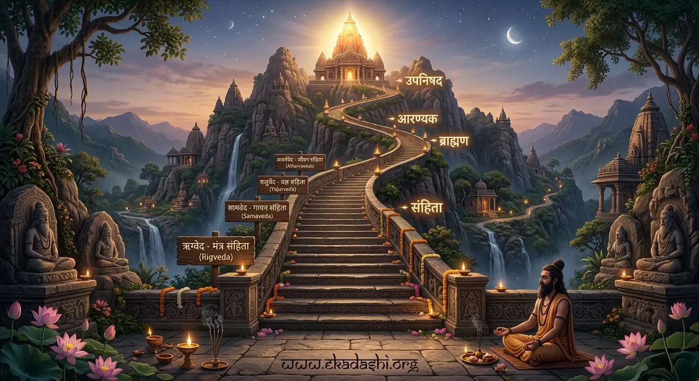 वेदों की आंतरिक संरचना: संहिता, ब्राह्मण, आरण्यक और उपनिषद का क्रम वेदों की संरचना की सीढ़ी: संहिता, ब्राह्मण, आरण्यक और उपनिषद का आध्यात्मिक मार्ग - ekadashi.org