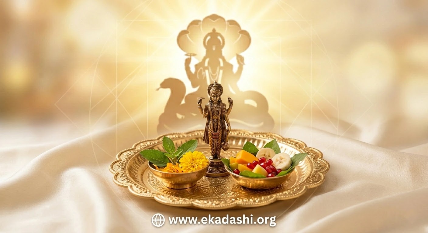 Ekadashi Vrat Puja Vidhi and Prasad Offerings Detailed golden puja thali with Vishnu idol, Tulsi leaves, and fruit offerings (fruits prasad) on silk fabric.