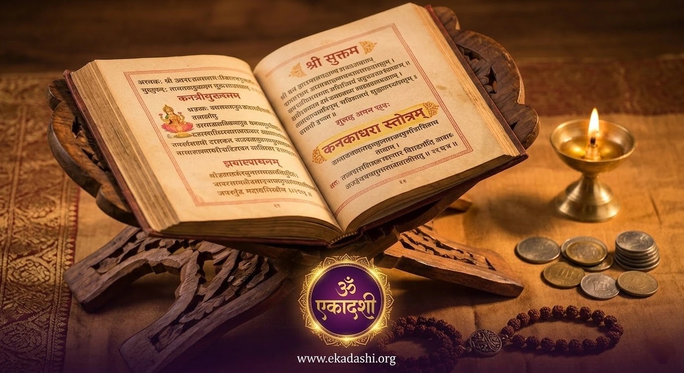लकड़ी के स्टैंड पर रखी पवित्र पुस्तक जिसमें श्री सूक्त और कनकधारा स्तोत्र के मंत्र लिखे हैं।